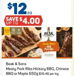 Foodland Beak & sons meaty pork ribs hickory bbq chinese bbq or maple offer