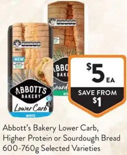 Foodworks Abbotts Bakery Lower Carb Higher Protein or Sourdough Bread offer