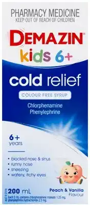 Amcal Pharmacies Demazin Kids 6+ Cold Relief Colour Free Syrup Peach & Vanilla Flavour offer