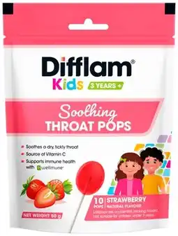 Amcal Pharmacies Difflam Kids 3 Years+ Soothing Throat Pops Strawberry Flavour offer