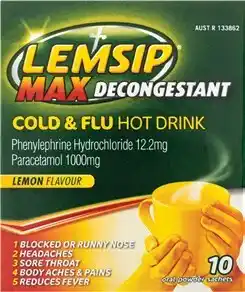 Discount Drug Stores Lemsip Max Decongestant Cold & Flu Hot Drink Lemon 10 Oral Powder Sachets offer