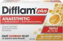 Discount Drug Stores Difflam Plus Anaesthetic + Antibacterial + Anti-inflammatory Sugar Free Honey Lemon 16 Lozenges offer