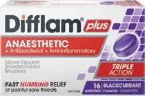 Discount Drug Stores Difflam Plus Anaesthetic + Antibacterial + Anti-inflammatory Sugar Free Blackcurrant 16 Lozenges offer