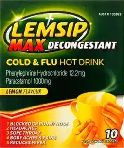 Amcal Pharmacies Lemsip Max Decongestant Cold & Flu Hot Drink Lemon 10 Oral Powder Sachets offer