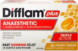 Amcal Pharmacies Difflam Plus Anaesthetic + Antibacterial + Anti-inflammatory Sugar Free Honey Lemon 16 Lozenges offer
