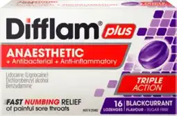 Amcal Pharmacies Difflam Plus Anaesthetic + Antibacterial + Anti-inflammatory Sugar Free Blackcurrant 16 Lozenges offer