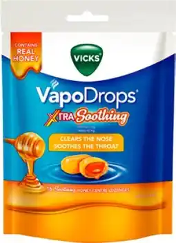 Amcal Pharmacies Vicks VapoDrops Xtra Soothing Honey Centre 16 Lozenges offer
