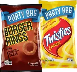 IGA Burger Rings 220g or Twisties Party Bag 130‑270g Selected Varieties offer