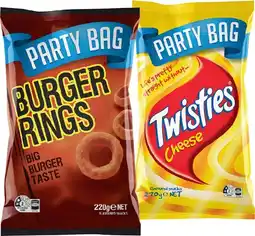 IGA Burger Rings 220g or Twisties Party Bag 125-270g Selected Varieties offer