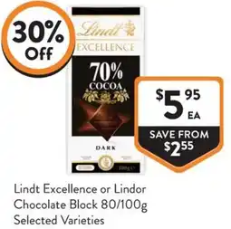 Foodworks Lindt Excellence or Lindor Chocolate Block offer