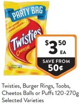 Foodworks Twisties, Burger Rings, Toobs, Cheetos Balls or Puffs offer