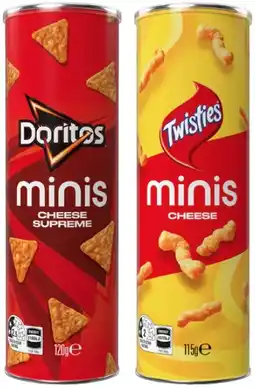 IGA Twisties Cheese 115g or Doritos Cheese Supreme 120g Minis Canister Selected Varieties offer