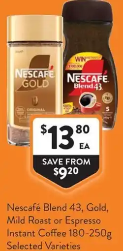 Foodworks Nescafé Blend 43, Gold, Mild Roast or Espresso Instant Coffee offer