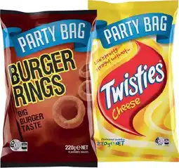 IGA Twisties 125‑270g, Burger Rings 220g or Tasty Toobs 150g Party Bag Selected Varieties offer