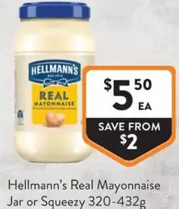 Foodworks Hellmann's Real Mayonnaise Jar or Squeezy offer