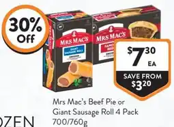 Foodworks Mrs Mac's Beef Pie or Giant Sausage Roll offer
