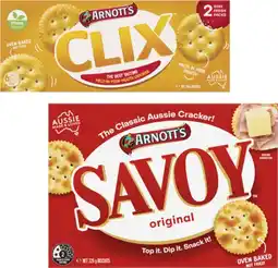 Coles Arnott's Savoy or Clix Crackers 225g-250g offer