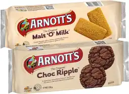 Coles Arnott's Malt 'O' Milk or Choc Ripple Biscuits 250g offer
