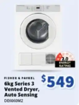 Bi-Rite FISHER & PAYKEL Series 3 Vented Dryer, Auto Sensing DE6060M2 offer