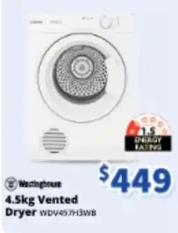 Bi-Rite Westinghouse 4.5kg Vented Dryer WDV457H3WB offer