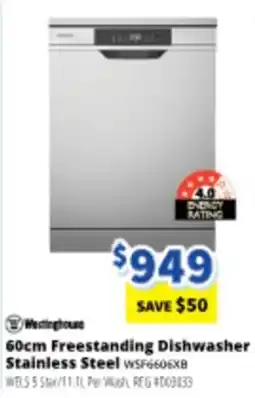 Bi-Rite Westinghouse 60cm Freestanding Dishwasher Stainless Steel WSF6606XB WELS 5 offer
