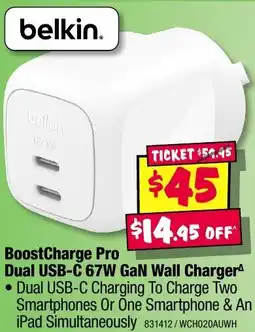 JB Hi-Fi BoostCharge Pro Dual USB-C 67W GaN Wall Charger offer