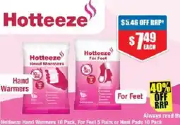 Chemist Warehouse Hotteeze Hand Warmers 10 Pack, For Feet 5 Pairs or Heat Pads 10 Pack offer
