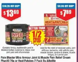 Chemist Warehouse Pain Blaster Ultra Armour Joint & Muscle Pain Relief Cream Phys10 or Heat Patches 7 Pack By Athelite offer