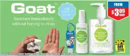 Chemist Warehouse Goat Antibacterial Hand Sanitiser Travel 30ml, Alcohol Spray 120ml or 300ml offer