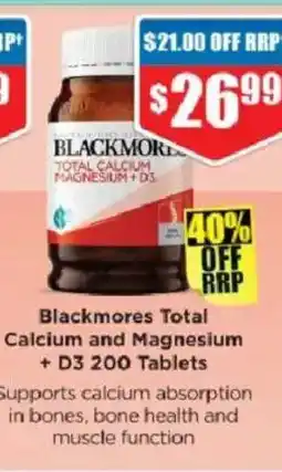 Chemist Warehouse Blackmores Total Calcium and Magnesium + D3 200 Tablets offer