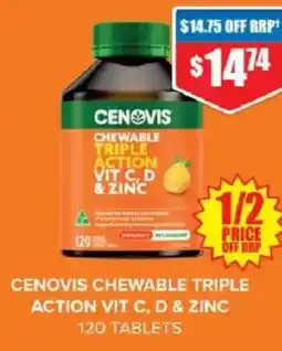 Chemist Warehouse Cenovis chewable triple action vit c, d & zinc 120 tablets offer