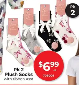 Red Dot Pk 2 Plush Socks with ribbon Asst offer