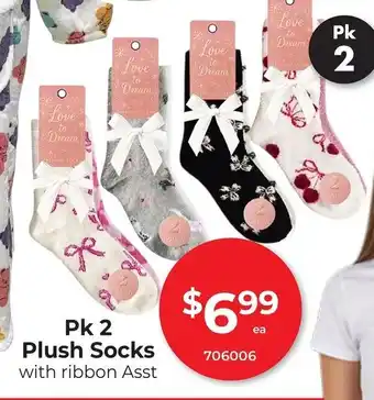 Pk 2 Plush Socks with ribbon Asst