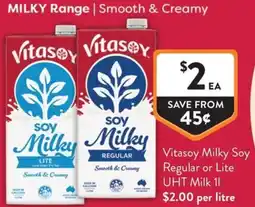 Foodworks Vitasoy milky soy regular or lite uht milk offer