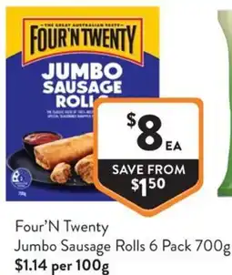 Foodworks Four'N Twenty Jumbo Sausage Rolls offer