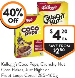 Foodworks Kellogg's Coco Pops, Crunchy Nut Corn Flakes, Just Right or Froot Loops Cereal offer