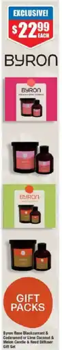 Chemist Warehouse Byron Rose Blackcurrant & Cedarwood or Lime Coconut & Melon Candle & Reed Diffuser Gift Set offer