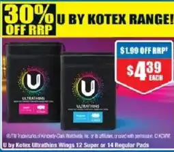 Chemist Warehouse U by Kotex Ultrathins Wings 12 Super or 14 Regular Pads offer