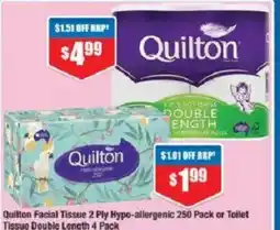 Chemist Warehouse Quilton Facial Tissue 2 Ply Hypo-allergenic 250 Pack or Toilet Tissue Double Length offer