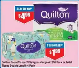 Chemist Warehouse Quilton Facial Tissue 2 Ply Hypo-allergenic 250 Pack or Toilet Tissue Double Length offer
