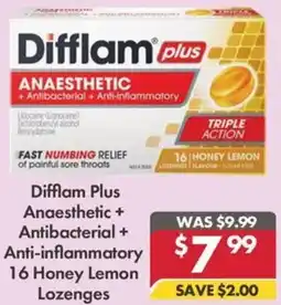 Pharmacy4Less Difflam Plus Anaesthetic + Antibacterial + Anti-inflammatory 16 Honey Lemon Lozenges offer