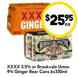 Drakes XXXX 3.5% or Brookvale Union 4% Ginger Beer Cans offer