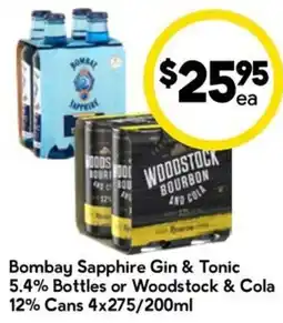 Drakes Bombay Sapphire Gin & Tonic 5.4% Bottles or Woodstock & Cola 12% Cans offer