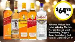 Drakes Johnnie Walker Red Label Whisky, Captain Morgan Spiced Gold, Bundaberg Original Rum, Bundaberg Red Rum or Gordons Gin offer