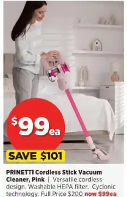 Spotlight PRINETTI Cordless Stick Vacuum Cleaner, Pink offer