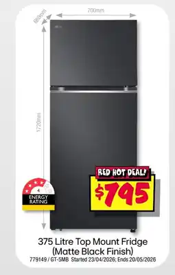 JB Hi-Fi 375 Litre Top Mount Fridge (Matte Black Finish) offer