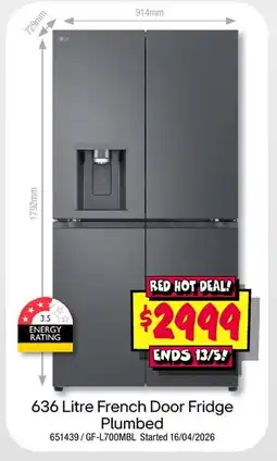 JB Hi-Fi 636 Litre French Door Fridge Plumbed offer