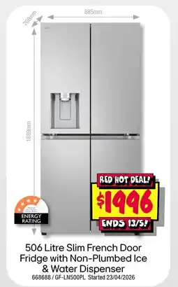JB Hi-Fi 506 Litre Slim French Door Fridge with Non-Plumbed Ice & Water Dispenser offer