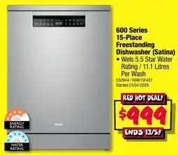 JB Hi-Fi 600 Series 15-Place Freestanding Dishwasher Satina offer