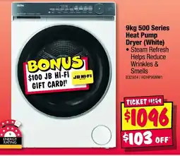 JB Hi-Fi 9kg 500 Series Heat Pump Dryer (White) offer